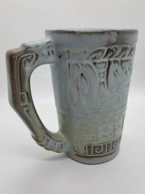 Vintage Frankoma 7M Mug Mayan Aztec Woodland Moss Oklahoma Pottery Coffee Cup